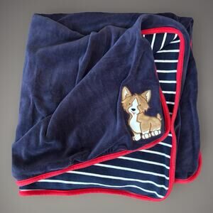 Gymboree Baby Blanket CORGI Puppy Dog Cotton Velour Reversible Stripe 2016 Blue